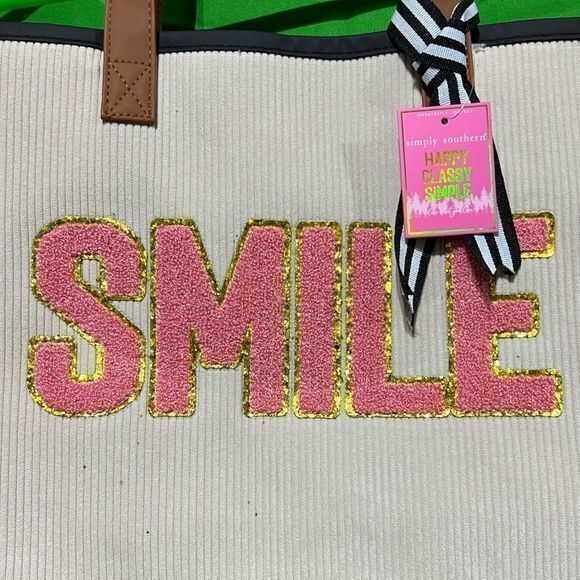 NWT Simply Southern “Smile” Corduroy Sparkle Tote Bag - Picture 4 of 6